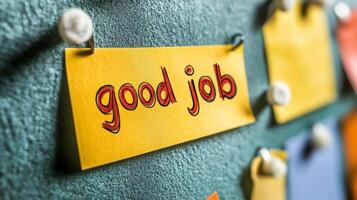 Colorful notes of encouragement displayed on a textured wall in a positive workspace environment photo