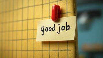 Positive reinforcement note attached to a yellow grid board in an office setting promoting motivation and encouragement photo
