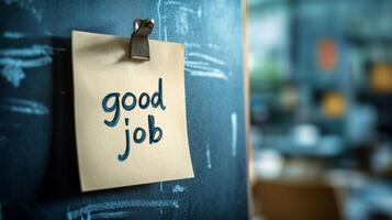 Motivational note on a chalkboard encouraging positive feedback in a modern workspace photo