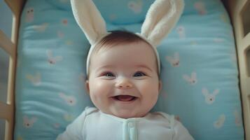 Happy baby wearing bunny ears smiles in crib with blue bedding and playful patterns photo