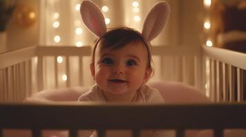 Baby wearing bunny ears smiles joyfully in a cozy crib with warm string lights during a festive evening photo