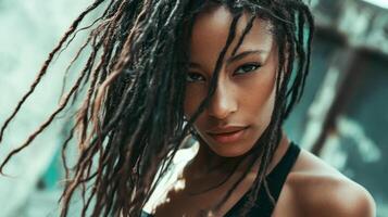 Young woman with long dreadlocks poses confidently against a textured backdrop in an urban setting during daylight hours photo