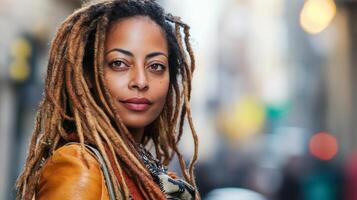 Woman with long dreadlocks poses confidently in a busy urban street during daylight photo