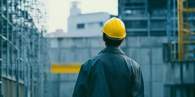 Construction worker observes the progress of a building site during daytime in an urban environment photo