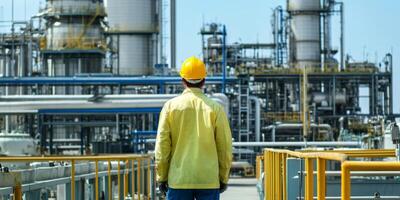 Worker observes operations in a busy industrial facility during daylight hours photo