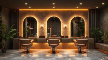 Modern salon interior with elegant lighting and stylish barber chairs in a vibrant environment photo