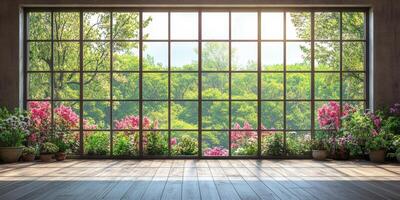 Bright and airy indoor setting showcasing lush greenery and vibrant flowers through large windows in a serene environment photo