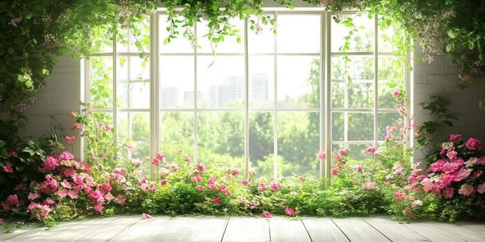 Bright and serene room filled with blooming flowers and greenery creating a tranquil atmosphere photo