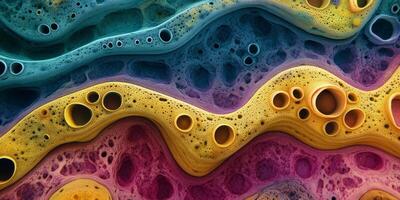 Vibrant abstract pattern of colorful, textured waves with bubbles and holes in shades of blue, yellow, and pink photo