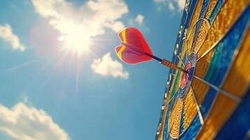 Dart hits bullseye on a colorful board under a bright sunny sky photo