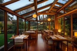Cozy dining experience in a glass-enclosed restaurant during twilight photo