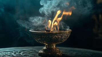 Intricate silver bowl with glowing flames and smoke, creating a mystical atmosphere in a dimly lit space photo