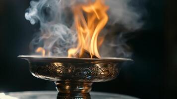 Incense burning in a decorative holder with smoke and flame rising in a serene space photo