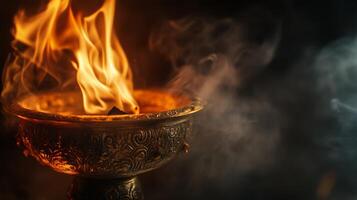Flames dance in an ornate bowl, casting shadows in a dimly lit space during a ceremonial gathering photo