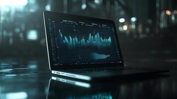 Dynamic data visualization displayed on a laptop in a modern workspace at night photo