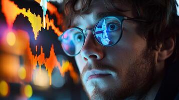 Young man focused on digital analytics displaying vibrant market trends late at night in a modern workspace photo