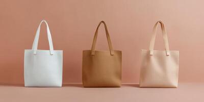 Three trendy tote bags in white, brown, and beige against a soft peach background showcase modern design and versatility photo