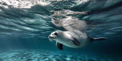 Curious seal swims gracefully under tranquil ocean surface photo