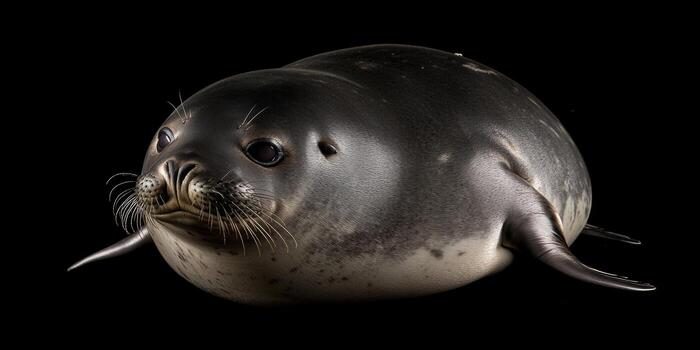 Seal resting on a smooth surface showcasing its dark fur and curious expression with a black background photo