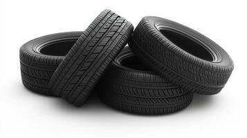 Stacked black tires showcasing various tread patterns on a white background photo