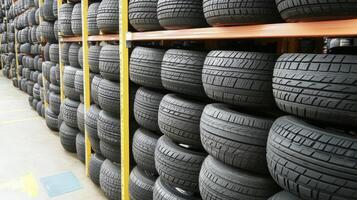 Warehouse filled with neatly stacked tires, showcasing inventory management and storage techniques photo