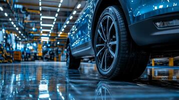 Car assembly line in a modern factory with a focus on a blue vehicle and its detailed tires, showcasing industrial precision photo