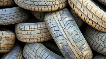 Pile of worn-out tires stacked together in a junkyard during daylight hours photo