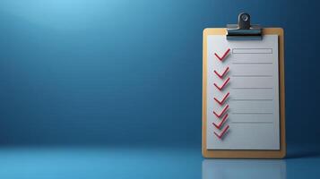 Checklist with completed tasks on a wooden clipboard against a blue background highlighting organized planning photo