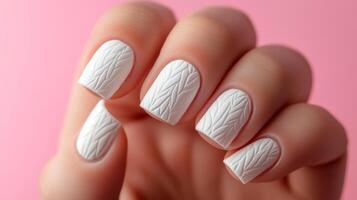 Elegant white nail art with textured design on hands against a pink background photo