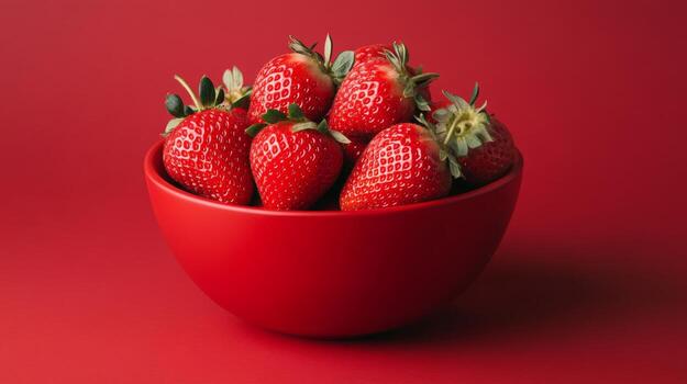 Vibrant red strawberries arranged neatly in a bold red bowl against a complementary backdrop photo