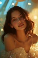 Model poses gracefully with soft lighting and sparkling backdrop during a relaxing indoor photoshoot in a cozy setting photo