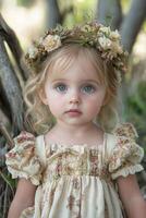 Young girl with blue eyes wearing a floral crown in a natural setting during daytime photo