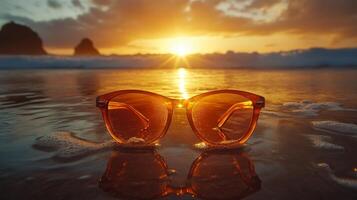 Sunset reflection on sunglasses near the shore at a picturesque beach photo