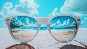 Beautiful tropical beach reflected in stylish sunglasses with bright blue sky and clouds on a sunny day photo