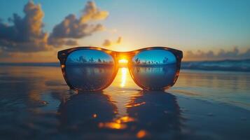 Sunset reflections in sunglasses on a tranquil beach during golden hour with gentle waves in the background photo