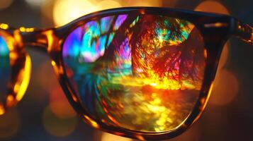 Colorful sunset reflected in stylish sunglasses resting outdoors during the golden hour photo