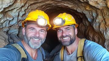 Two miners pose for a selfie inside a tunnel wearing hard hats with headlamps in a rocky mine during daylight hours photo