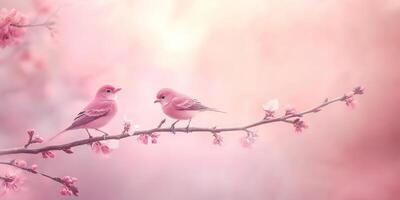 Two pink birds perched on a branch adorned with delicate blossoms during spring in a soft pastel setting photo