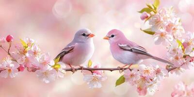 Pink birds perched on blossoming branches in a serene spring setting with soft pastel hues photo