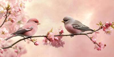 Two colorful birds perched on a blooming cherry blossom branch during springtime in a peaceful natural setting photo