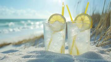 Refreshing lemonade drinks with lemon slices on a beach during sunny daytime photo