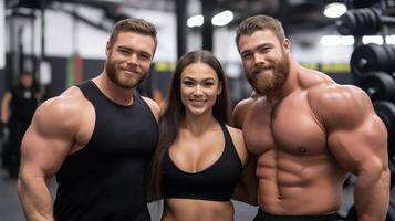 Two muscular men and a woman posing together in a gym environment during a fitness event at a modern facility photo