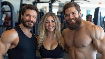 Group of fitness enthusiasts smiling at the gym after a workout session in a modern fitness center photo