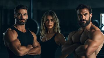 Powerful trio poses confidently in a dimly lit gym after an intense workout session promoting fitness and strength training photo
