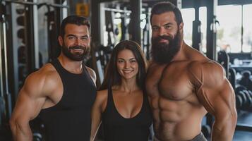 Three fitness enthusiasts posing together in a bright gym during a workout session photo