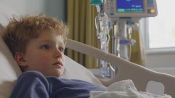 Child receiving treatment in a hospital room with a medical monitor and IV equipment present photo