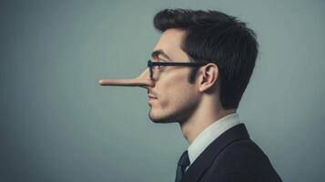 Man with exaggerated nose in business attire demonstrates concept of dishonesty and deception during a studio portrait session photo