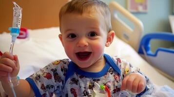 Happy baby in hospital bed holding IV line during recovery phase after treatment photo