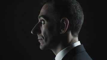 Man in formal attire poses against dark background, showcasing profile and features with dramatic lighting emphasis photo