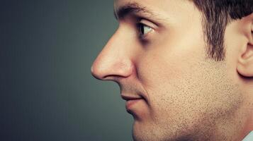 Profile view of a man showcasing distinct facial features with a neutral expression against a subtle backdrop photo
